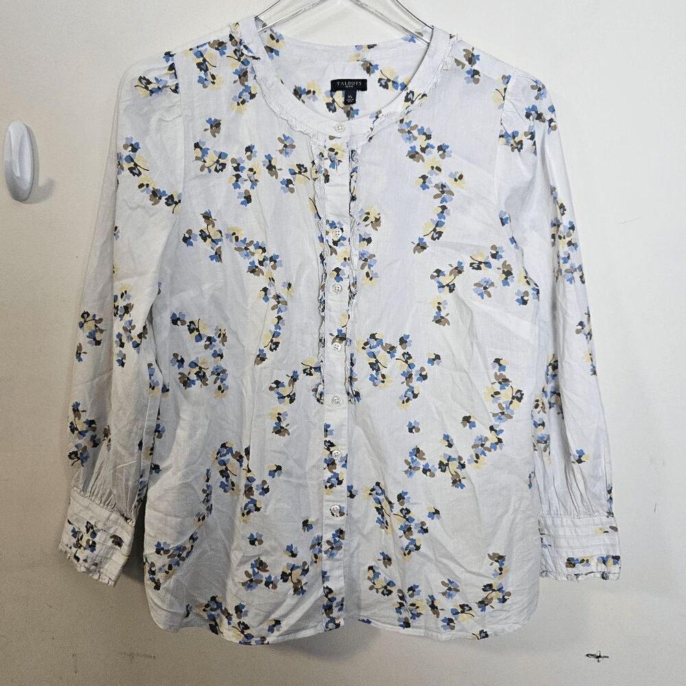 Talbots Floral Ruffle Front Long Sleeve Pleated Cuff Button Down Madarin Collar